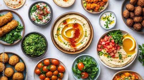 A spread of different Arabic dishes featuring hummus, fresh vegetables, and flavorful dips ideal for sharing