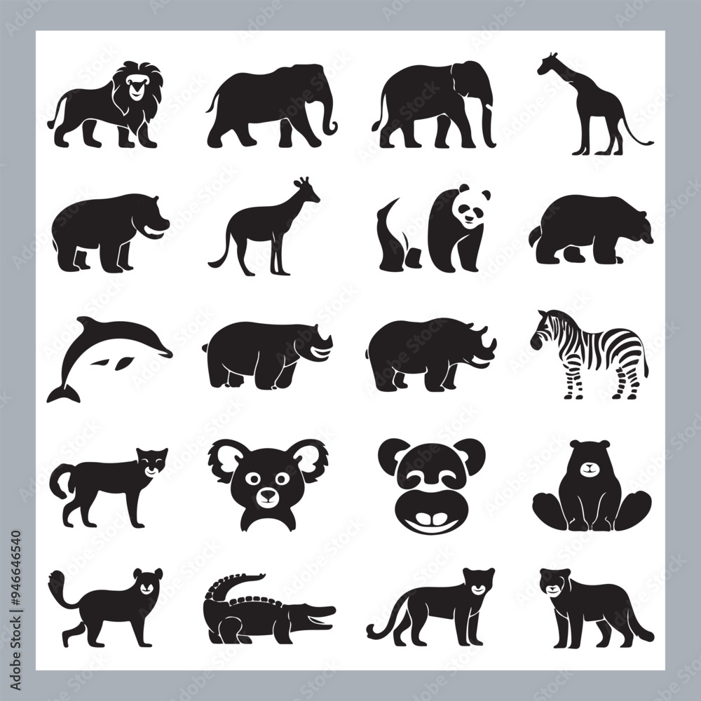 Obraz premium Set of silhouette logotype icons animal Lion, Elephant, Tiger, Giraffe, Kangaroo, Panda, Gorilla, dolphin, cat, deer, Polar Bear, Zebra, fox in white background