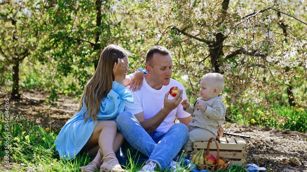Caucasian parents with their infant baby are in the spring garden. Cute blond toddler boy sits on the wooden crate with an apple in hands. Dad shows how he takes a bite from a fruit. Caucasian parents with their infant baby are in the spring garden. Cute blond toddler boy sits on the wooden crate with an apple in hands. Dad shows how he takes a bite from a fruit.
