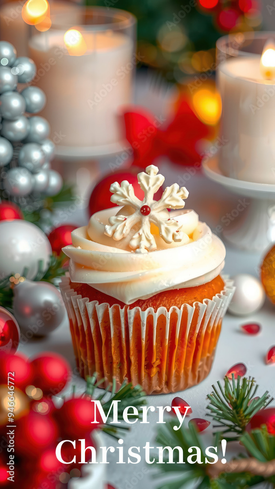 Cupcake with Frosting and Christmas Decorations Cupcake with Frosting and Christmas Decorations