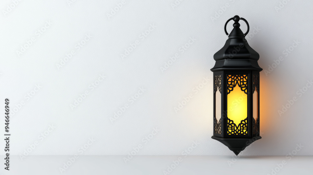 Stylish Eid and Ramadan lantern with intricate cutouts glowing softly isolated on a white background subtle shadows minimalistic design suitable for modern banners 
