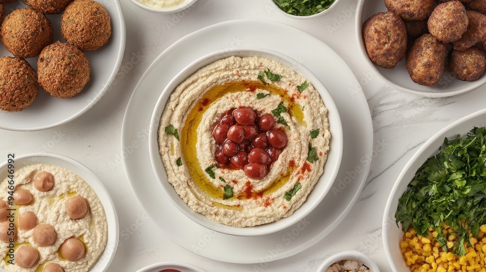 A table is filled with a delightful assortment of Arabic dishes, highlighting rich hummus topped with olive oil and spices A table is filled with a delightful assortment of Arabic dishes, highlighting rich hummus topped with olive oil and spices