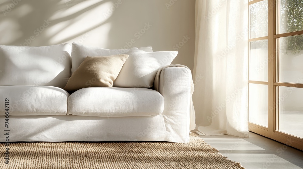 A cozy living room bathed in natural sunlight features a comfortable white sofa accented with pillows, creating a serene and welcoming atmosphere perfect for relaxation. A cozy living room bathed in natural sunlight features a comfortable white sofa accented with pillows, creating a serene and welcoming atmosphere perfect for relaxation.