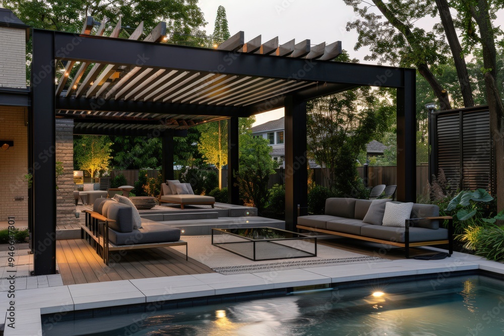 Fototapeta premium A large black patio with a black awning and a pool, generative ai image