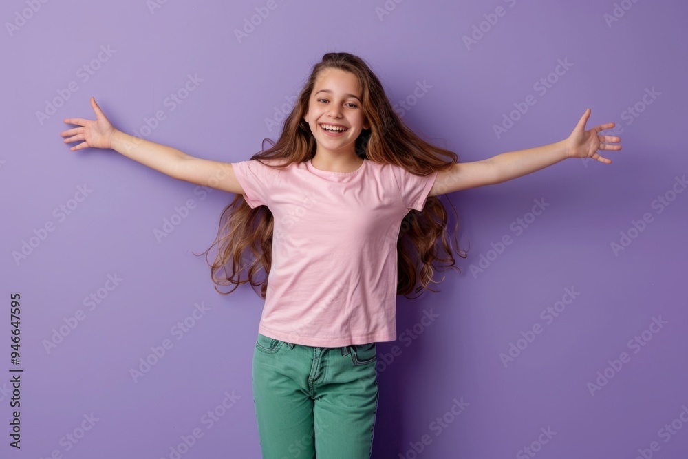 A joyful girl with long hair smiles brightly. She is wearing a pink shirt and green pants. Her arms are spread wide in a welcoming pose. Generative AI A joyful girl with long hair smiles brightly. She is wearing a pink shirt and green pants. Her arms are spread wide in a welcoming pose. Generative AI