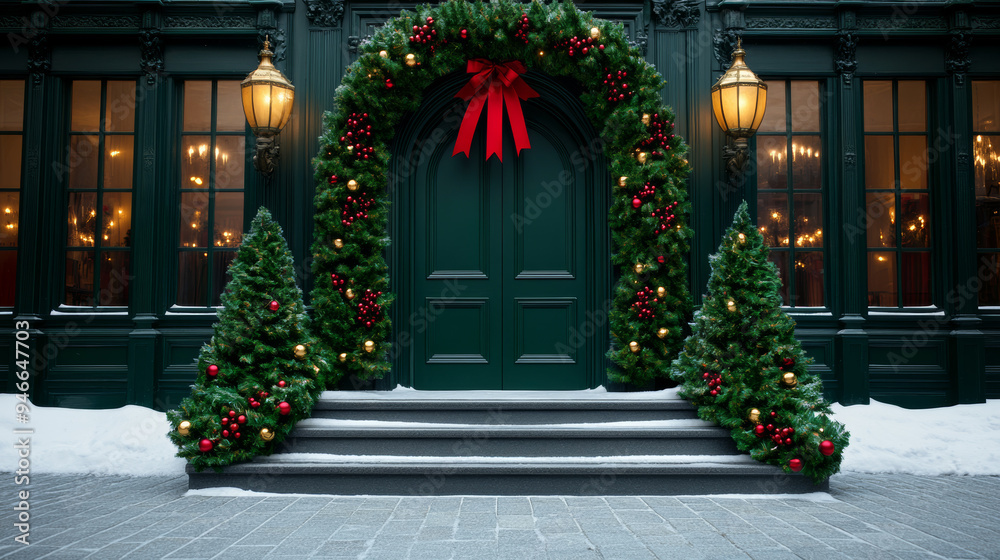 Traditional Christmas shop entrance wreath heavy with berries pine cones red ribbons deep green garlands warm golden lanterns snow-covered steps old-town charm snowy evening 