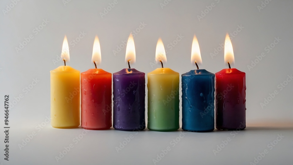 Six burning candles in different colors against a white background Six burning candles in different colors against a white background