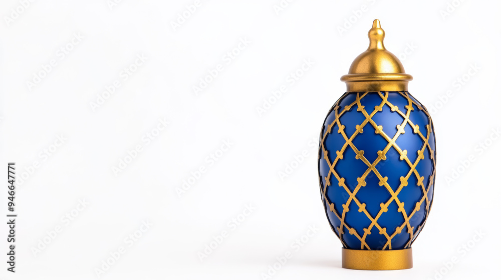 Traditional Ramadan lantern glowing with intricate patterns isolated on a white background vibrant golden and deep blue colors conveying festive warmth and spiritual celebration Traditional Ramadan lantern glowing with intricate patterns isolated on a white background vibrant golden and deep blue colors conveying festive warmth and spiritual celebration