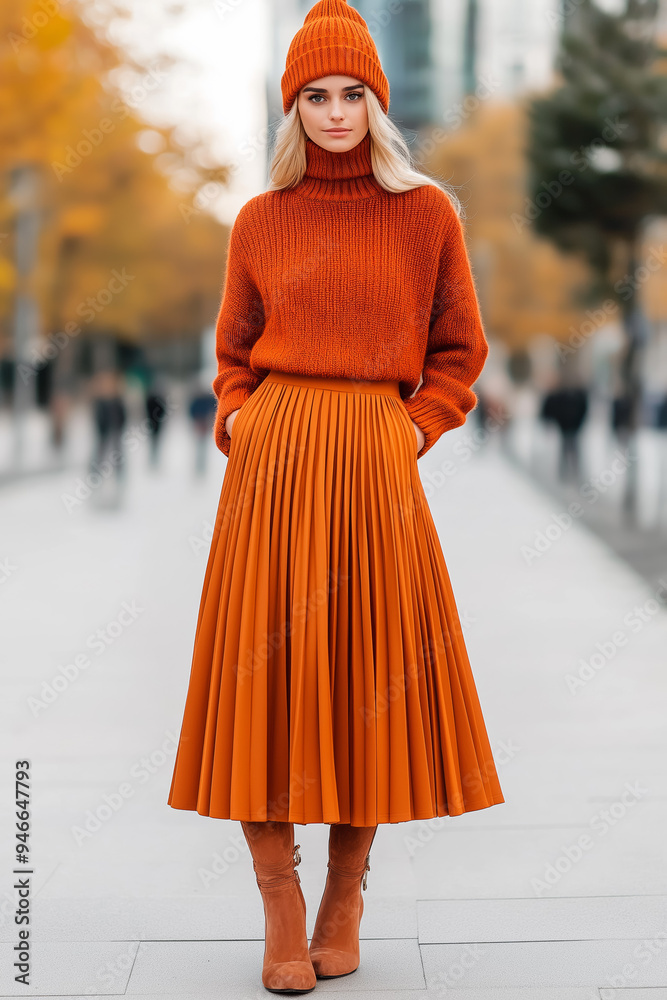 Trendy Thanksgiving ensemble with a chunky knit sweater in burnt orange paired with a midi-length pleated skirt and suede boots warm accessories like a beanie and scarf complement the cozy look Trendy Thanksgiving ensemble with a chunky knit sweater in burnt orange paired with a midi-length pleated skirt and suede boots warm accessories like a beanie and scarf complement the cozy look