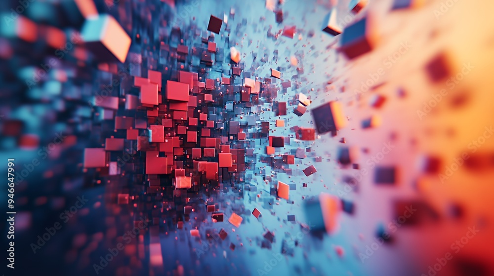 Obraz premium Abstract representation of floating cubes in a dynamic, colorful space.