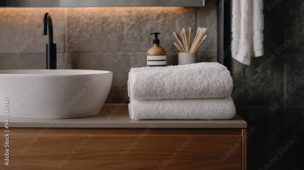 A minimalist bathroom counter with neatly folded white towels, a round sink, a matte black faucet, soft warm lighting, a jar of essentials, and a stone-textured backsplash. A minimalist bathroom counter with neatly folded white towels, a round sink, a matte black faucet, soft warm lighting, a jar of essentials, and a stone-textured backsplash.