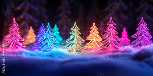 Colorful Christmas trees in a snowy forest scene photo