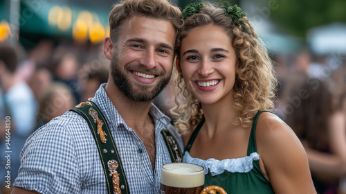 Vibrant portrait of a young couple in Oktoberfest attire woman in a dirndl and man in lederhosen laughing together holding pretzels and beer steins festive outdoor setting 