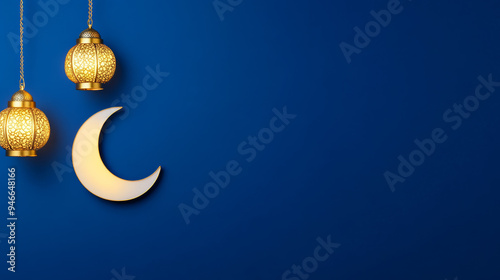 Vibrant Ramadan banner featuring a glowing crescent moon, lanterns, and intricate golden patterns on a deep blue gradient background with ample empty space for text