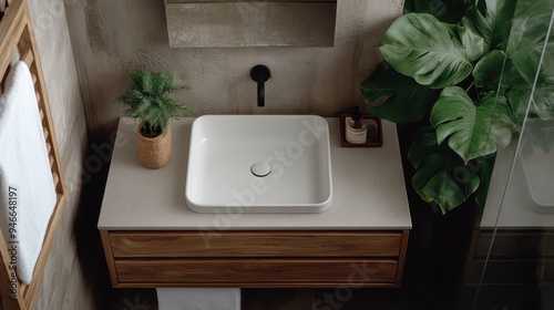 A chic bathroom with a rectangular sink on a wooden vanity, matte black fixtures, lush green plants, stone-textured walls, and a grounded atmosphere of tranquility. photo