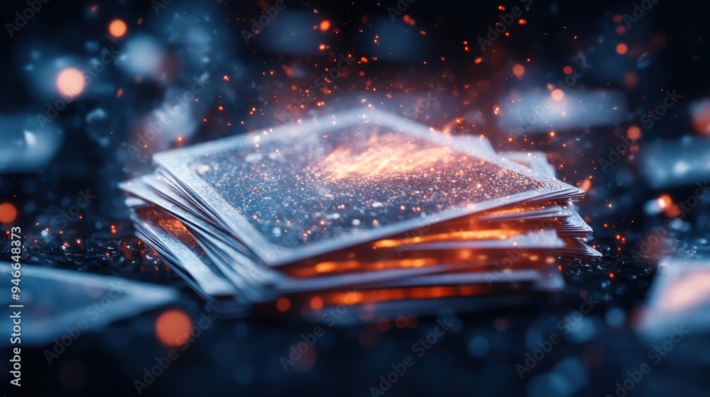 Close-up of cards with a glittering effect, scattered in a dramatic dark setting, evoking a sense of enchantment and mystery with the sparkling details.