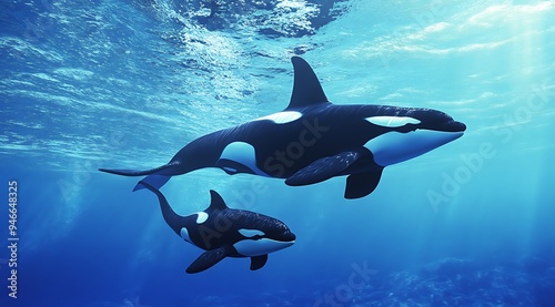 An adult orca swims with a calf in the deep blue ocean, sunlight shining down.