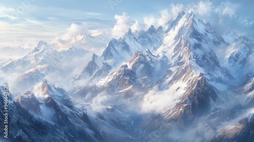 Majestic Snow-Covered Mountain Range with Clouds