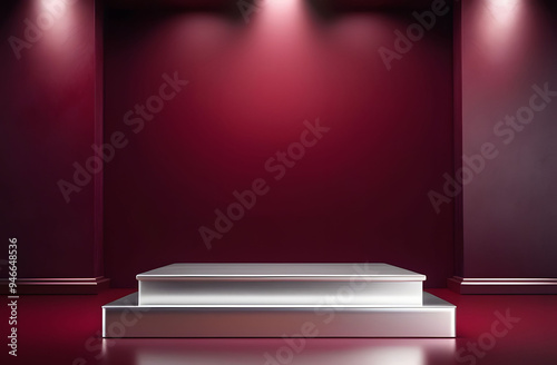 Gray podium in a dark red 3d room with light effects creating volume. Minimalist square pedestal for product placement and advertising.