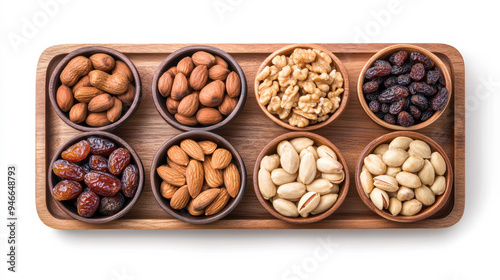 Wooden serving tray with bowls of dates nuts and dried fruits arranged neatly isolated on a white background representing Ramadan iftar traditional snack options  photo