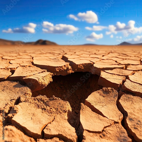 A close-up view of dry, cracked earth under a clear blue sky, showcasing the effects of drought and arid conditions on the land. photo