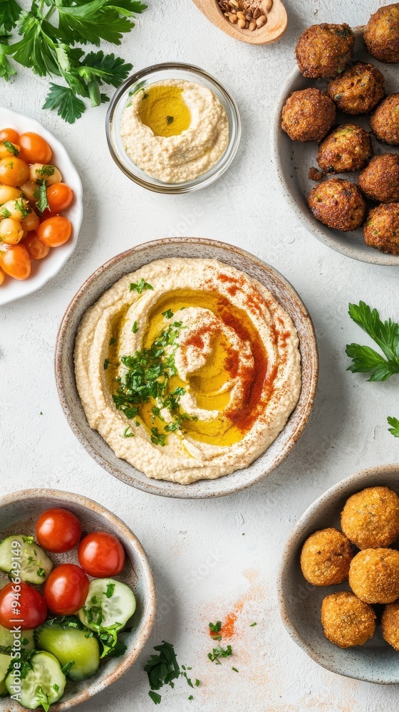 An inviting assortment of Arabic dishes featuring hummus, falafel, fresh vegetables, and herbs presented for enjoyment