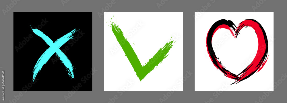 The cross, heart and OK symbol are hand-drawn with a brush. Prohibition, denial, error. Love. Approval, consent. Vector, set of 3 characters The cross, heart and OK symbol are hand-drawn with a brush. Prohibition, denial, error. Love. Approval, consent. Vector, set of 3 characters