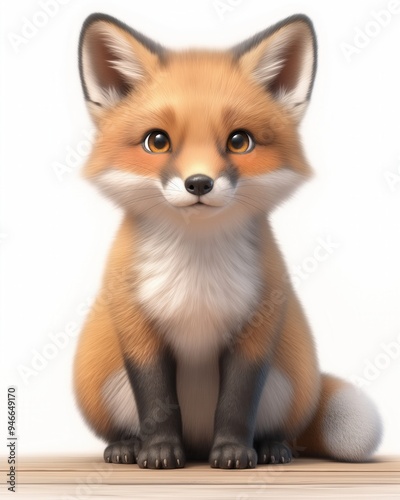 A cute cartoon fox sits, showing off its fluffy fur and bright eyes.