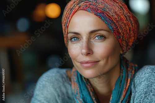 empowering portrait of a serene woman postchemotherapy adorned with a colorful head scarf soft lighting highlights strength and resilience photo