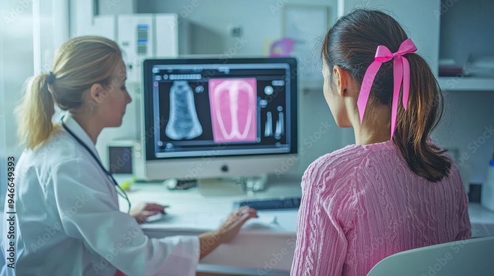 A dramatic image of a woman sitting in a quiet hospital room, looking at a mammogram on a computer screen with a doctor beside her explaining the results, both wearing pink ribbons, symbolizing A dramatic image of a woman sitting in a quiet hospital room, looking at a mammogram on a computer screen with a doctor beside her explaining the results, both wearing pink ribbons, symbolizing