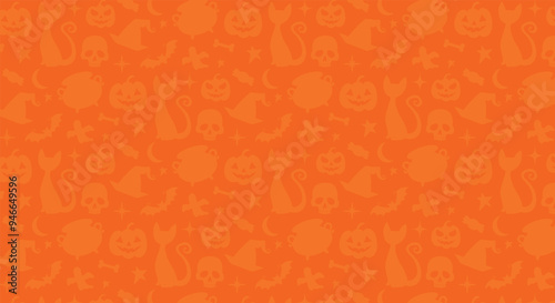 Halloween seamless background with  pumpkin, cats, bats, witch brew, candy. Good for textile fabric design, wrapping paper, website wallpapers, textile, wallpaper and apparel. Vector illustration.