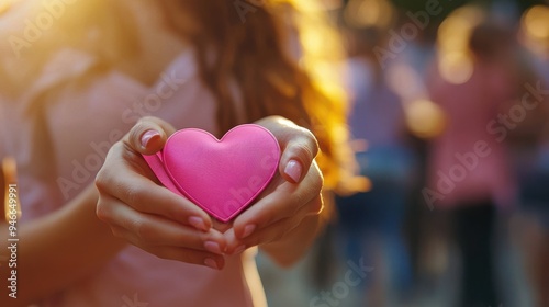 A close-up of a woman's hands holding a pink badge ribbon over her heart, symbolizing her support for breast cancer awareness and solidarity with those affected, against a soft-focus background of a