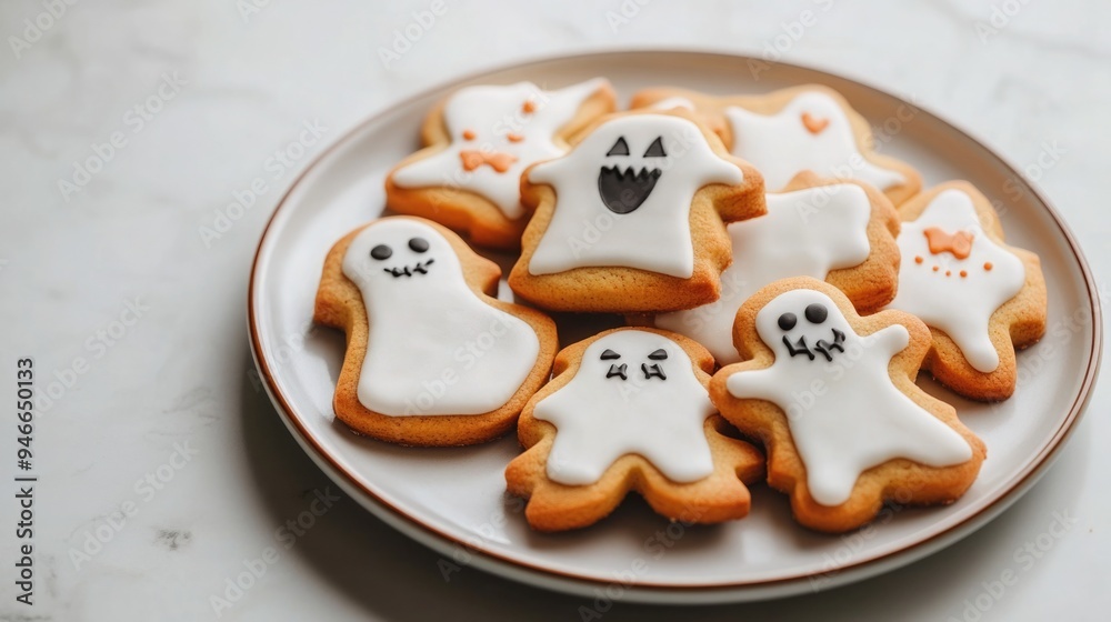 Minimalistic Halloween Cookies on White Plate with Soft Natural Light Minimalistic Halloween Cookies on White Plate with Soft Natural Light