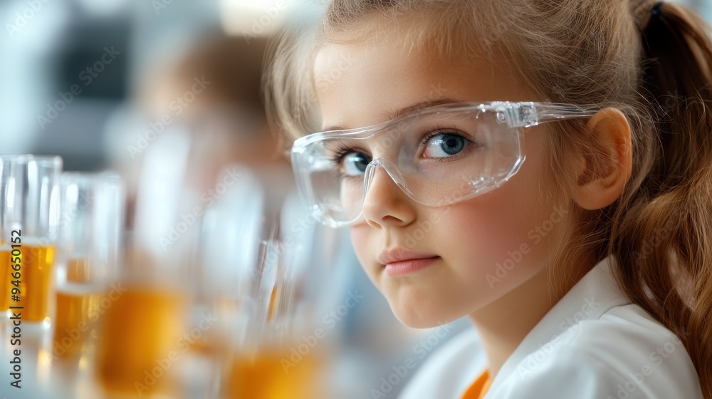 A young girl, donned in safety goggles and a white lab coat, gazes intently at test tubes filled with amber liquid in a science lab, indicating curiosity and learning. A young girl, donned in safety goggles and a white lab coat, gazes intently at test tubes filled with amber liquid in a science lab, indicating curiosity and learning.