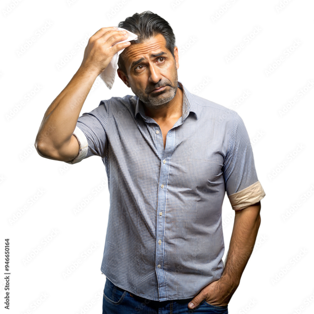 A man who looks overwhelmed and is wiping sweat from his forehead in annoyance. A man who looks overwhelmed and is wiping sweat from his forehead in annoyance.