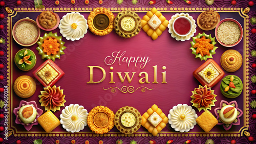 diwali sweets and happy diwali text with copy spac