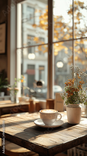 Cozy Café Table with Coffee and Flowers by the Window – Warm Autumn Vibes