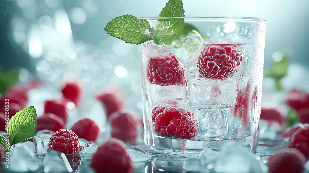A glass raspberries soda water with raspberries and ice cubes inside, surrounded by raspberries and mint leaf, ice cubes A glass raspberries soda water with raspberries and ice cubes inside, surrounded by raspberries and mint leaf, ice cubes