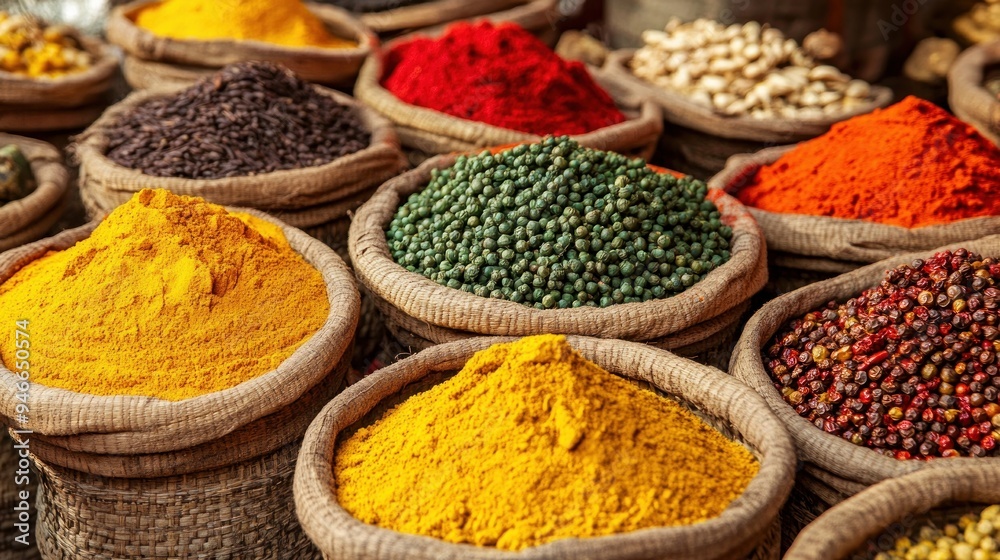 Colorful Spices in Rustic Baskets at an Indian Market Colorful Spices in Rustic Baskets at an Indian Market