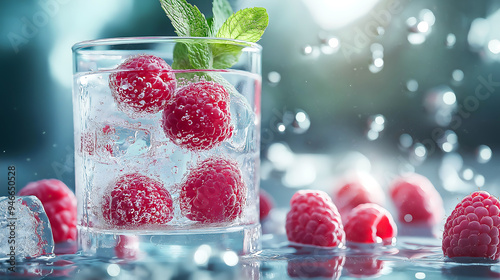 A glass raspberries soda water with raspberries and ice cubes inside, surrounded by raspberries and mint leaf, ice cubes