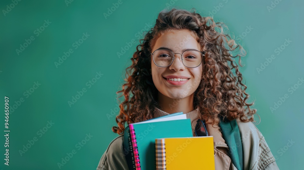 Obraz premium Happy female student with glasses, curly hair, holding educational materials, bright emerald background, studio photo