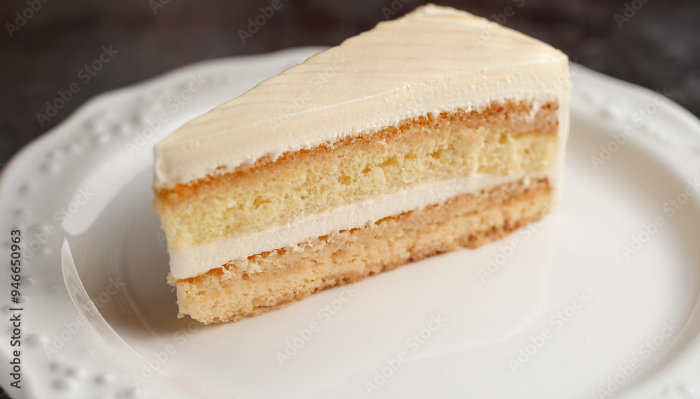 Slice of creamy cake with layers of buttercream and soft sponge on ceramic plate. Tasty sweet food Slice of creamy cake with layers of buttercream and soft sponge on ceramic plate. Tasty sweet food
