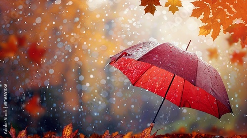 A red umbrella in the rain set against a backdrop of autumn leaves	