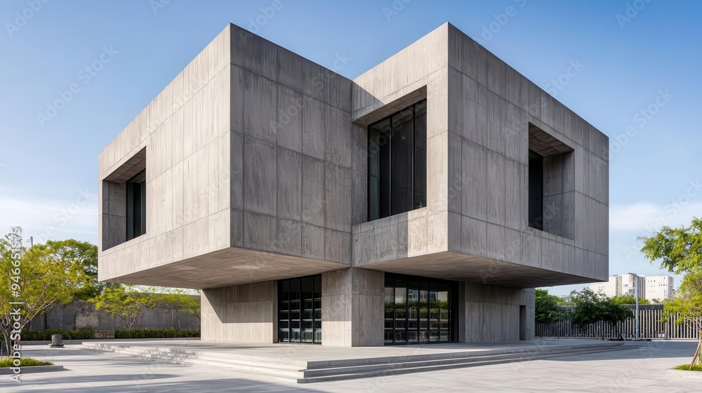 A Neo Brutalist public library with a raw, geometric exterior and a minimalist design, Neo Brutalism, public library, geometric A Neo Brutalist public library with a raw, geometric exterior and a minimalist design, Neo Brutalism, public library, geometric