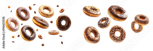 set of A Photograph of flying doughnuts with various fillings and glazes, isolated on a transparent background