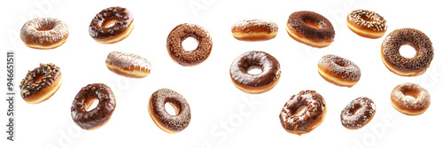 set of A Photograph of flying doughnuts with various fillings and glazes, isolated on a transparent background