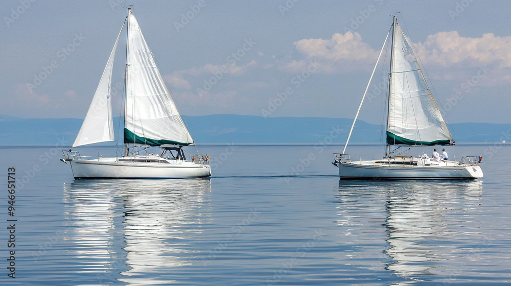 Obraz premium A pair of sailboats bobbing atop a vast expanse of water, set against towering mountain vistas