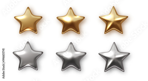 Golden and silver stars. Realistic vector new year and Christmas design. Realistic metallic award star.