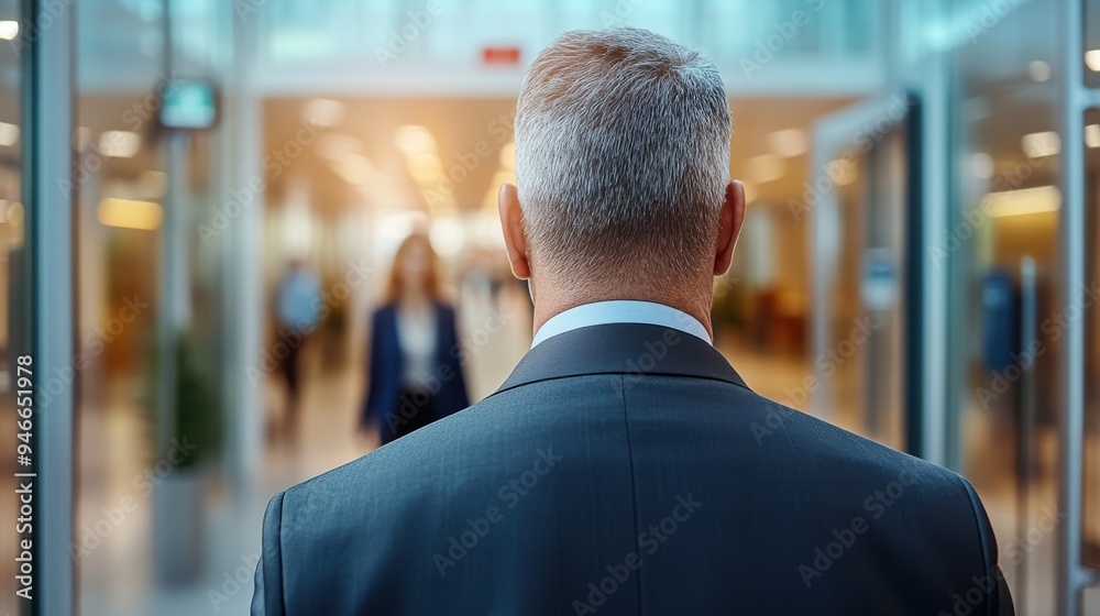 A man with gray hair in a business suit is walking through a brightly-lit modern office building, with blurred people in the background, emphasizing a professional environment. A man with gray hair in a business suit is walking through a brightly-lit modern office building, with blurred people in the background, emphasizing a professional environment.