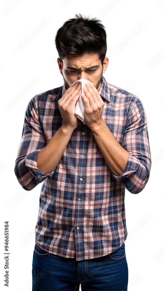 Young Man Sneezing While Holding Tissue
